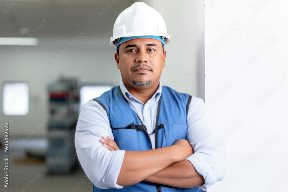 Portrait of hispanic man, factory worker, AI generated Generative AI Portrait of hispanic man, factory worker, AI generated Generative AI