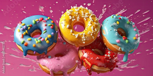 different colored donuts with sprinklers in the air Generative AI photo