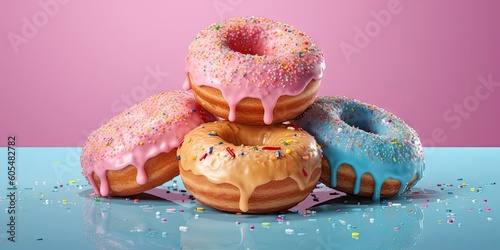 four different colored sprinkled donuts in a pink background Generative AI photo