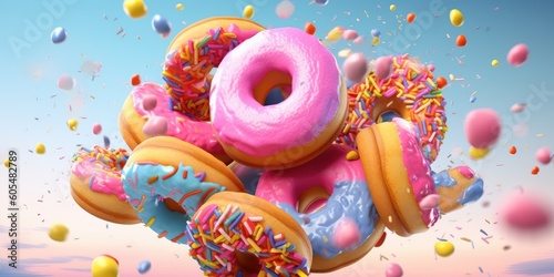 colorful donuts with sprinkles flying in air Generative AI photo