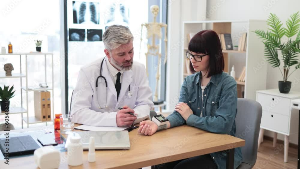 Happy adult people smiling while looking on screen of digital tonometer during medical examination in hospital. Joyful therapist with stethoscope greeting female patient with normal blood pressure. Happy adult people smiling while looking on screen of digital tonometer during medical examination in hospital. Joyful therapist with stethoscope greeting female patient with normal blood pressure.
