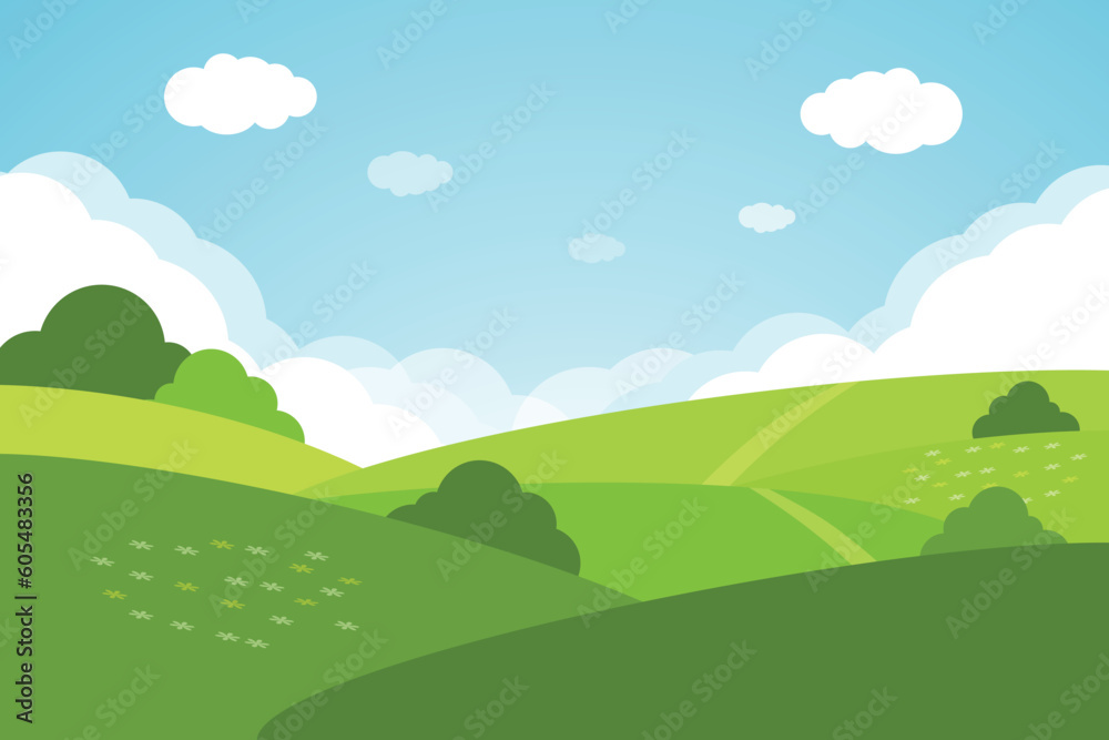 Valley landscape. Cartoon meadow landscape with grass.