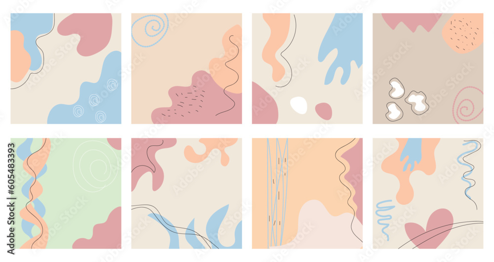 Set of eight abstract backgrounds in pastel colors.
