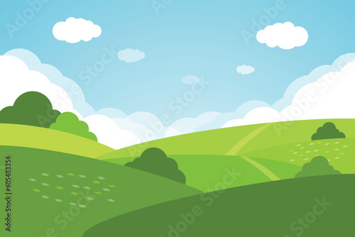 Valley landscape. Cartoon meadow landscape with grass. © Katerina