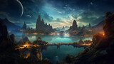 night landscape with lake and castle, mountains, night sky, fantasy, landscape, night, castle, kingdom, Generated by AI