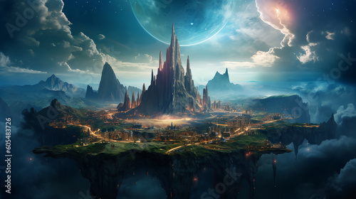 landscape with a castle, kingdom, galaxy, space, fantasy, landscape, dream, clouds, Generated by AI