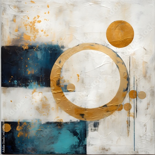 Rustic Abstraction in Art  Golden Circles on White Textured Canvas With Indigo Blue-Grey Square Structures  Cyan and Amber Accents  Abstract Minimalist and Modern Design  Backgrounds and Wallpapers