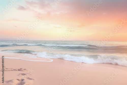 Ocean sunset background in pastel pink gradient colors. . Generative AI © lermont51