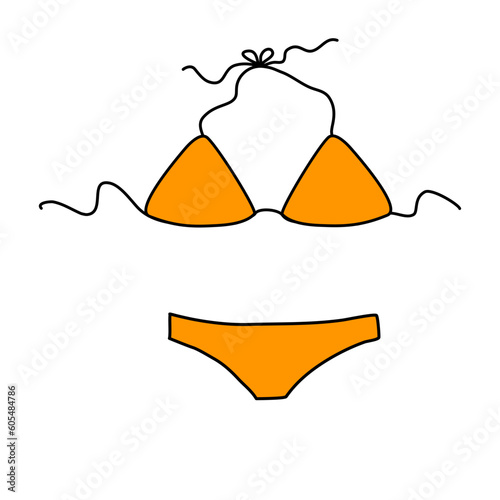 Two piece orange bikini panties and bikini bra swimsuit  women beach clothes  doodle style vector