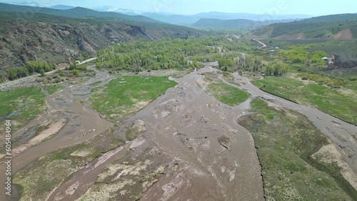 Aerial view of the Provo River delta flowing into Jordanelle Reservoir during Spring in Utah. photo