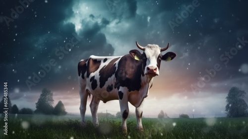 Dairy cow cow grazed in the night meadow, cartoon drawing of cattle. Generative AI