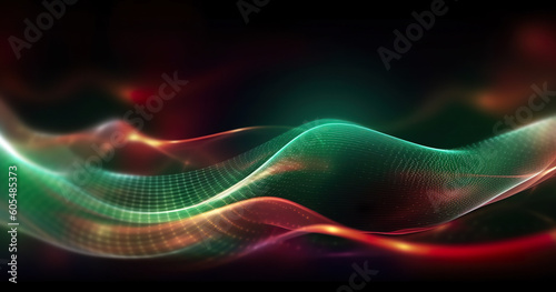 Abstract futuristic background high speed vibrant red green lines and bokeh glowing neon moving. High speed futuristic travel concept. Fantastic wallpaper,  Ai Generative