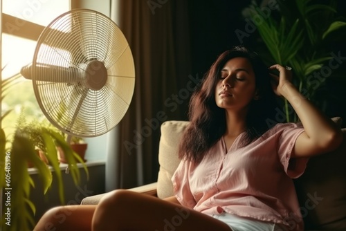Woman tired sweltering cooling with electric fan blowing in face. Hot summer extreme hot heatwave