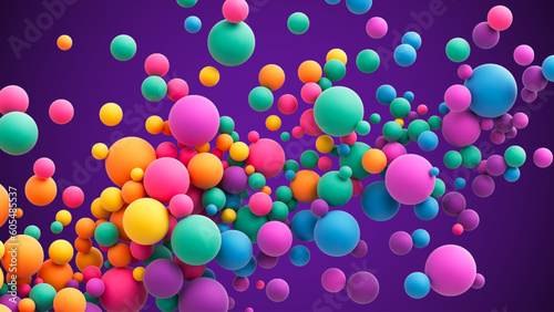 Abstract composition with many colorful random flying spheres. Colorful rainbow matte soft balls in different sizes. Vector background