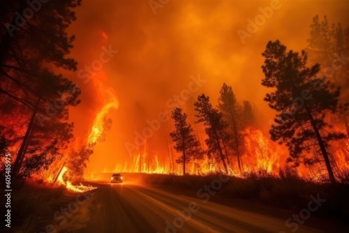 Forest wildfire  Charred trees  fire glow and smoke. Natural disaster as a result of heat wave