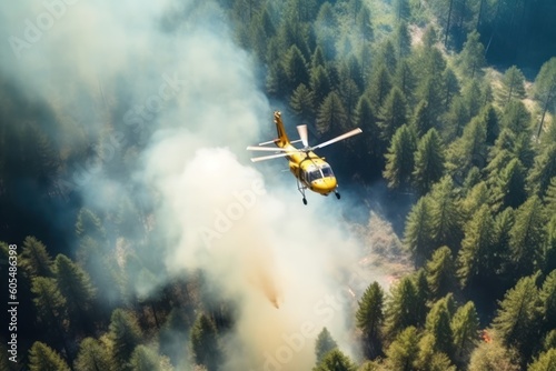 Helicopter operating to extinguish burning forest wildfire caused by extreme hot weather heatwave