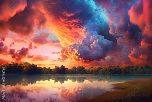 Radiant Sunset Splendor: Majestic Sky with Vibrant Colored Clouds Created with Generative AI