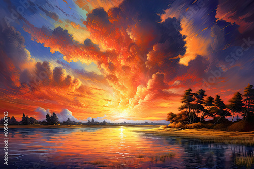 Radiant Sunset Splendor: Majestic Sky with Vibrant Colored Clouds Created with Generative AI © JJS Creative