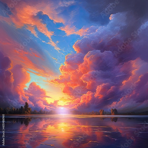 Radiant Sunset Splendor: Majestic Sky with Vibrant Colored Clouds Created with Generative AI