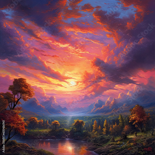 Radiant Sunset Splendor: Majestic Sky with Vibrant Colored Clouds Created with Generative AI