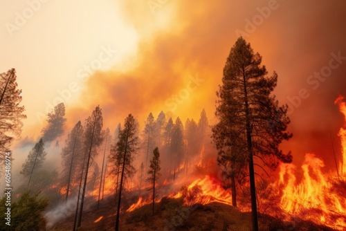forest wildfire, charred trees, climate change and extreme heat in fueling such natural disasters © olga_demina