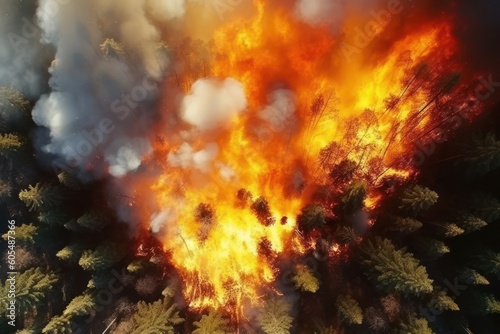 Aerial shot of wildfire in green forest burning trees and grass Natural fires