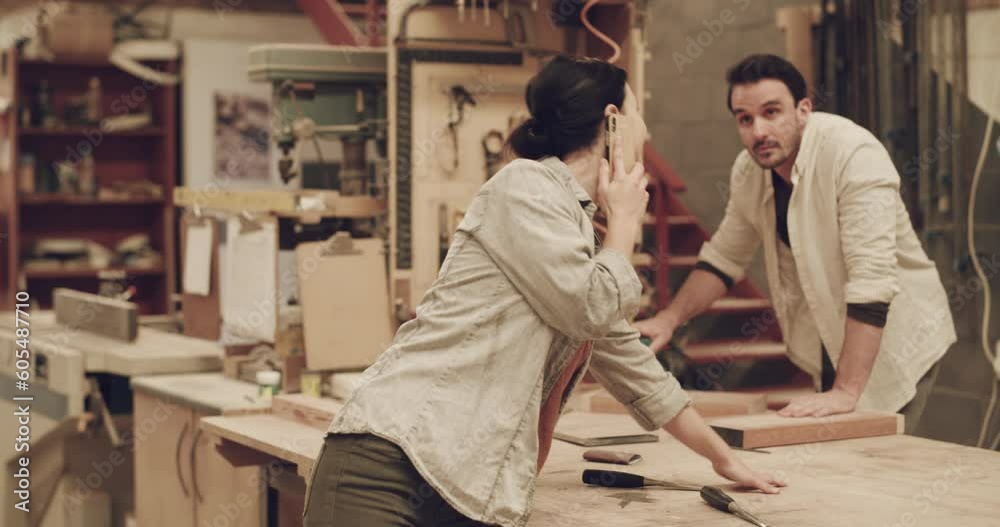 Phone call, woman or carpenter talking in a workshop for small business planning. Female person speaking on a smartphone for carpentry deal, development and ideas for creative furniture project Phone call, woman or carpenter talking in a workshop for small business planning. Female person speaking on a smartphone for carpentry deal, development and ideas for creative furniture project