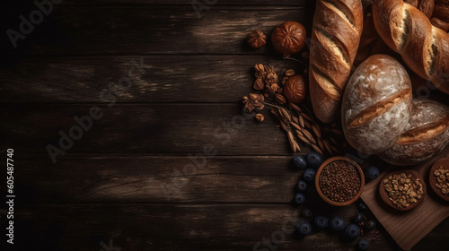 minimalistic background with bread and buns, bakery products, top view, free copy space, mockup