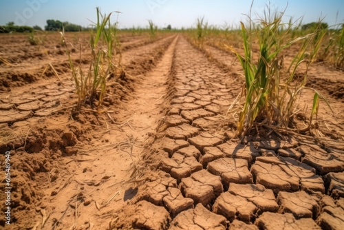 dry cracked ground on agricultural fields, dead plants, heatflation, rising temperature