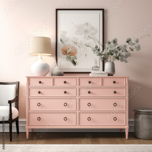Vintage wooden cupboard shabby chic style. Single dresser near wall in bedroom. Chest of six lacquered drawers  bedroom decor with frame and accessories. Realistic 3D illustration. Generative AI