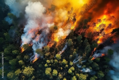 Aerial view of wildfire in green forest burning trees and grass Natural fires