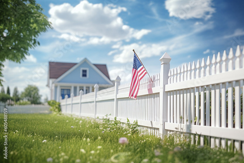 An American flag on a white picket fence, memorial or flag day, illustration. generative AI