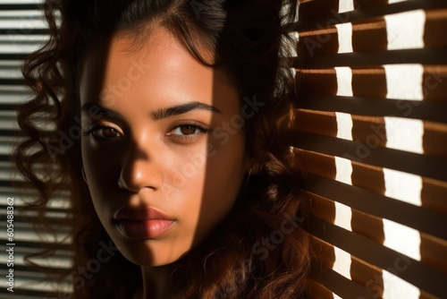 Shades of Mystery: Unveiling the Beauty of a Latina Woman Amidst Venetian Blind Shadows, generative ai