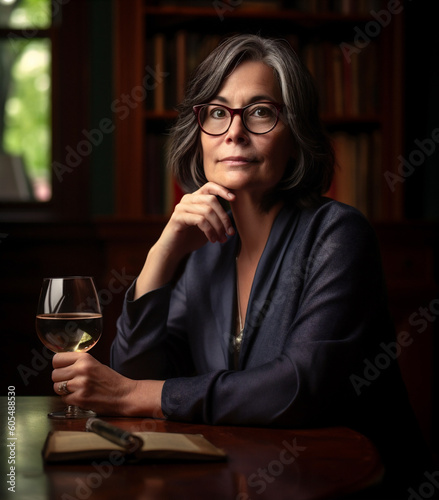 A Woman Enjoying A Glass of White Wine at a Wine Tasting in a Room with Her Hand Resting on Her Chin