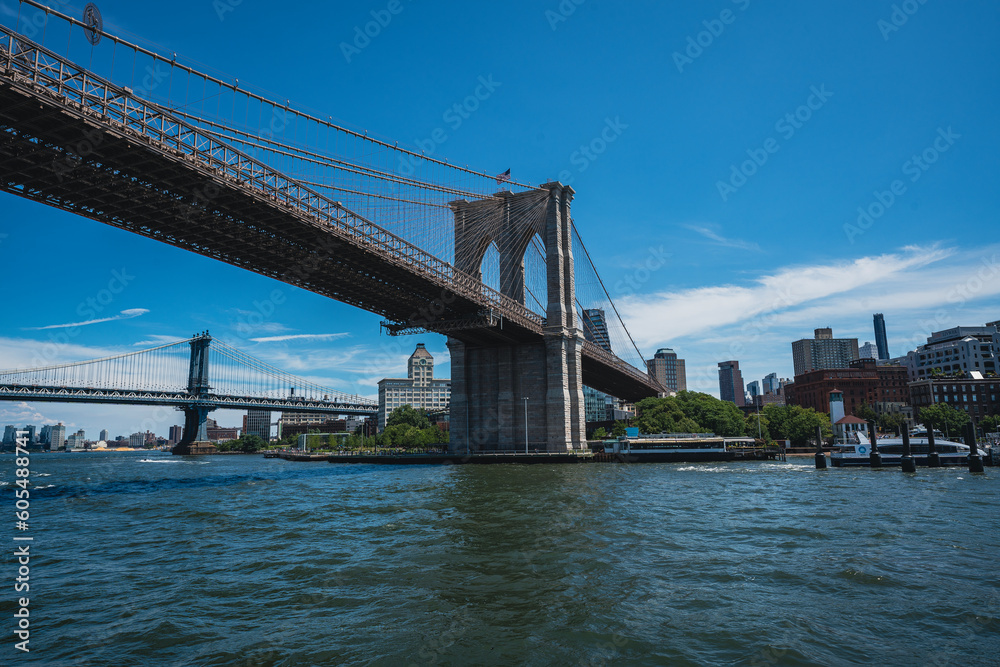 Brooklyn Bridge with Manhattan Bridge to the left and Bridge Park to the right. 