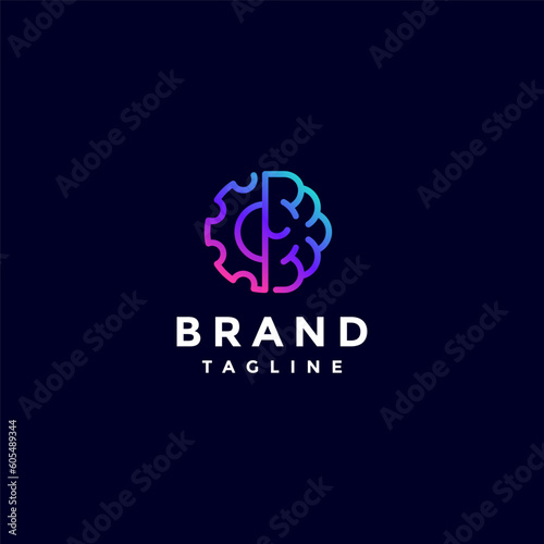 Gear and Brain Icon In One Continuous Line Logo Design. Simple Geared Brain Icon Line Design. © ilunilun