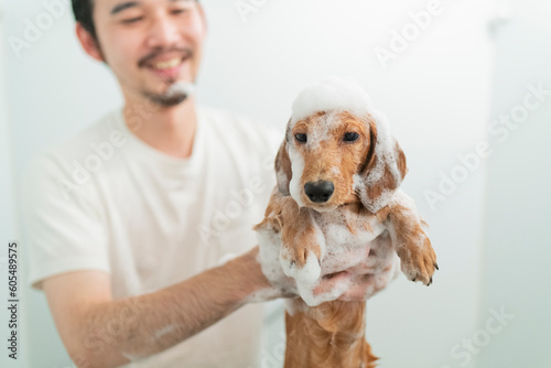 飼い犬を風呂に入れる男性