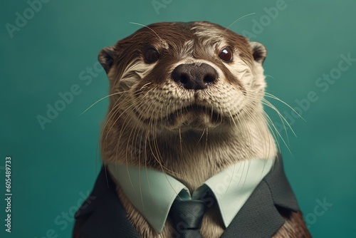 Anthropomorphic Otter dressed in a suit like a businessman. business concept. AI generated, human enhanced