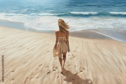 Woman on the beach near the sea  view from the back. Travel concept. AI generated  human enhanced