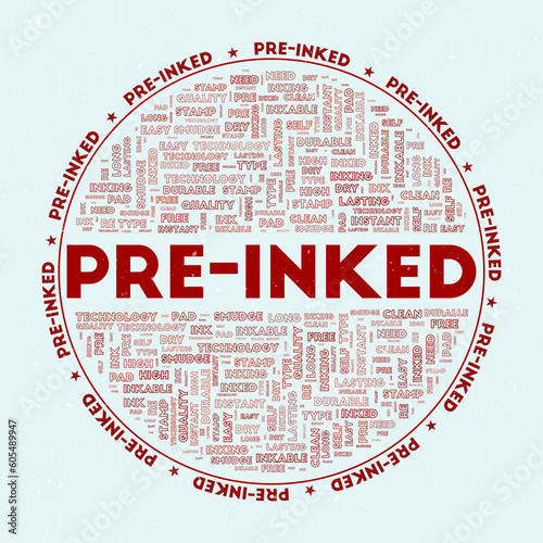 Pre-inked - round badge. Text pre-inked with keywords word clouds and circular text. Cacodemon Red color theme and grunge texture. Awesome vector illustration.