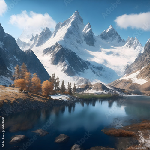 Beautiful snowy mountain with lake and autumn trees. Generative AI © Alexander