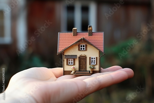 Photo of a person holding a small house in their hand for real estate purposes photo