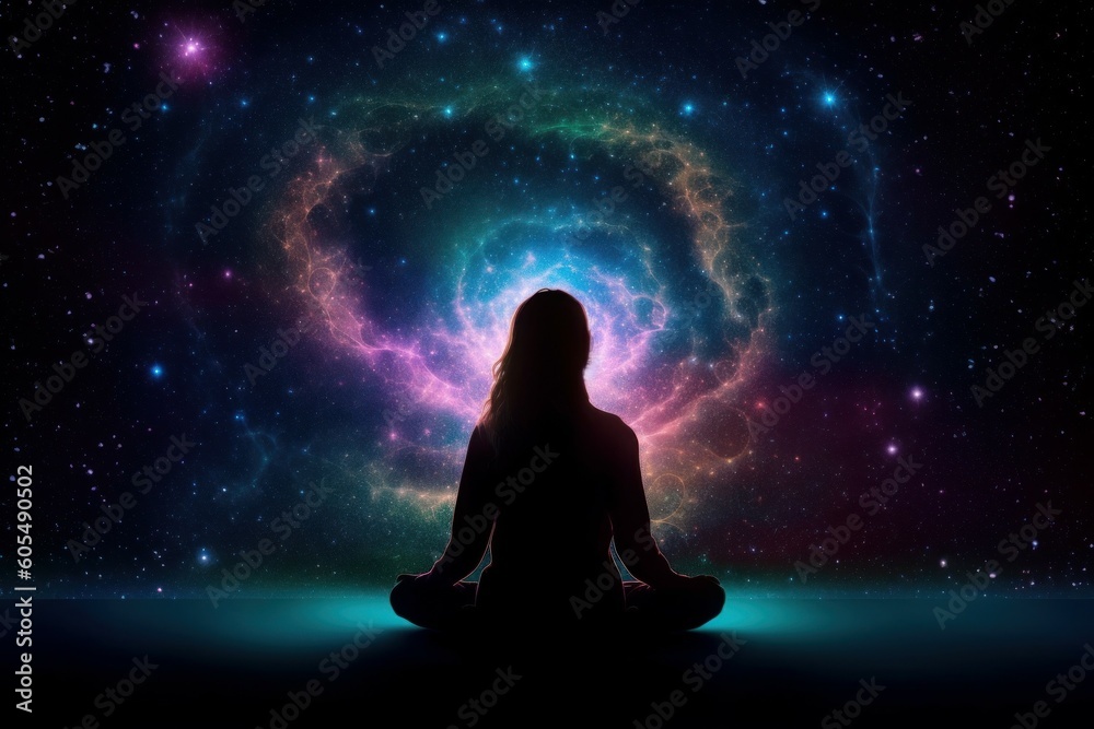 Silhouette of women in Lotus position on the abstract positive energy background . AI generated, human enhanced. Silhouette of women in Lotus position on the abstract positive energy background . AI generated, human enhanced.