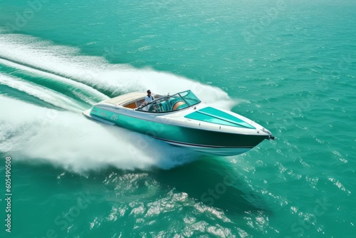 A high-angle shot of a speedboat cutting through the turquoise waters. Generative AI