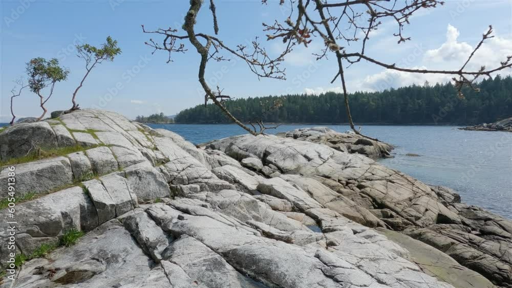 Rocky Shore on West Coast of Pacific Ocean in Nanoose Bay. Vancouver Island, British Columbia, Canada. Sunny Sky. Canadian Nature Background