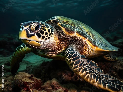 Hawksbill Turtle: endangered animals, endangered species, endangered marine life, species survival. Generative art, Generative AI.