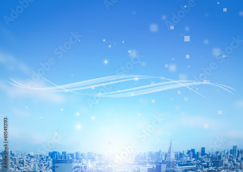 晴れた都市風景と爽やかなウェーブ