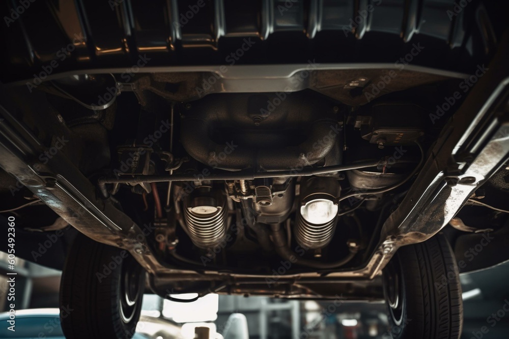View of underside of car with part of exhaust system, oil and