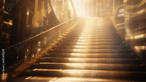 Luxury yellow golden staircase with gold light ray for award ceremony. Generative AI