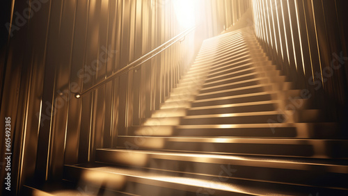 Luxury yellow golden staircase with gold light ray for award ceremony. Generative AI